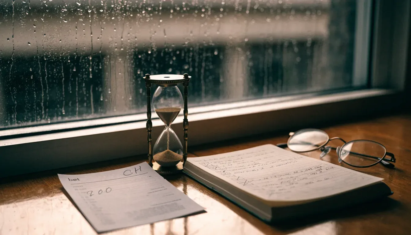 Eine Sanduhr steht auf einem Holztisch neben einer Brille, hinter dem Fenster laufen Regentropfen über das Glas.