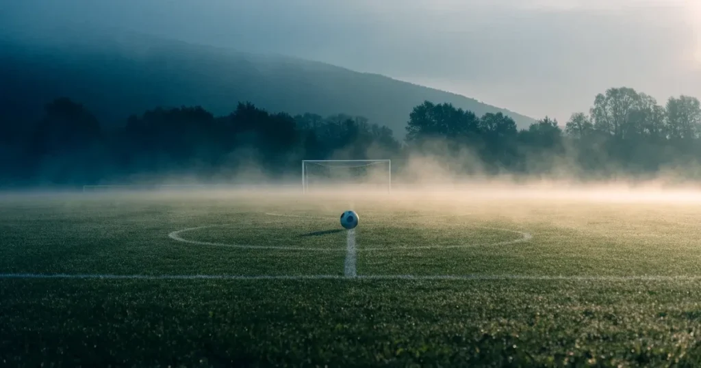 Ein Fussballplatz im Morgennebel, im Mittelkreis liegt ein einzelner Ball und der Rasen glänzt vom Tau.