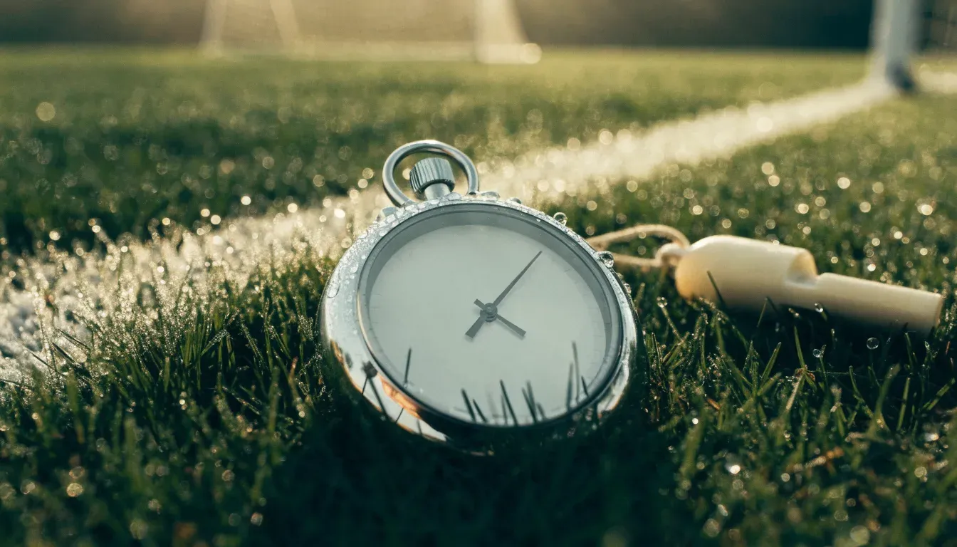 Eine Stoppuhr liegt neben einer Trillerpfeife auf einem Stück Rasen an der Seitenlinie eines Fussballfelds im Gegenlicht.