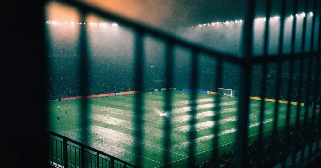 Ein Fussballspiel am Abend aus der Tribünenperspektive, die Spieler sind nur als kleine Figuren zu erkennen und das Flutlicht beleuchtet den nassen Rasen.