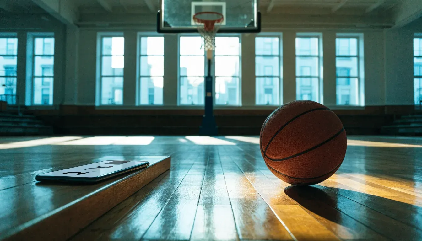Ein Basketball liegt unter dem Korb in einer leeren Sporthalle, durch hohe Fenster fällt Tageslicht auf das Parkett.