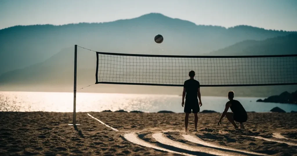 Ein Volleyball liegt am Fuss des Netzes auf Sand, im Hintergrund glitzert ein See und ein Bergzug steht im Dunst.