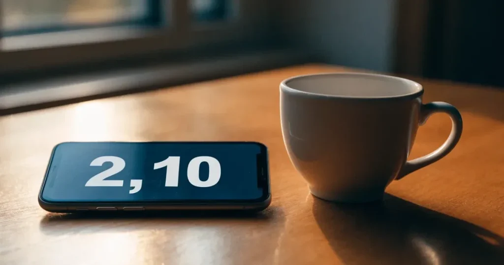 Ein Smartphone mit dunklem Display liegt auf einem Holztisch neben einer Kaffeetasse, durch das Fenster fällt warmes Abendlicht.