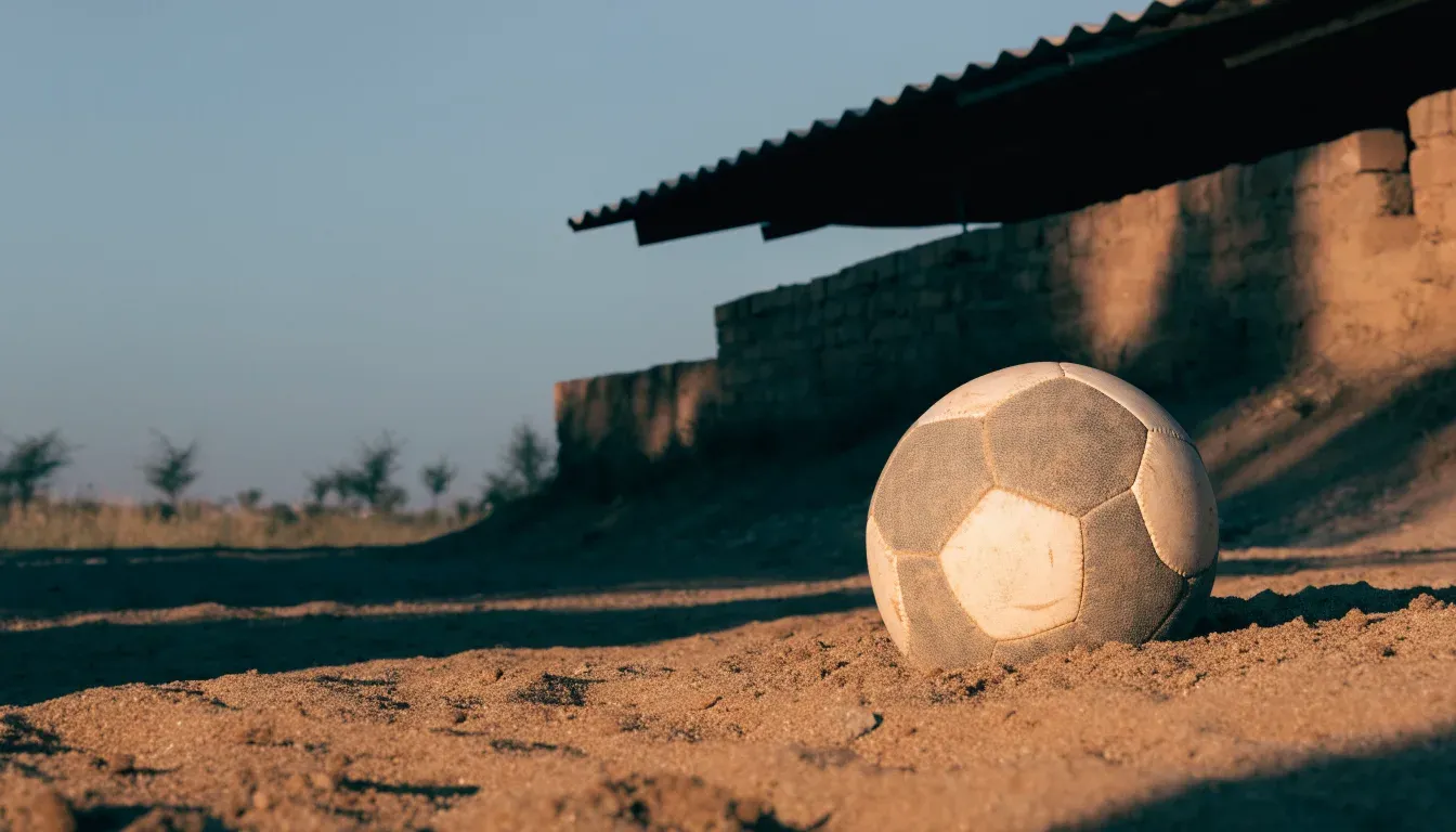 Ein Fussball liegt auf rotbraunem Sand am Rand eines Dorfes, die Abendsonne wirft lange Schatten.