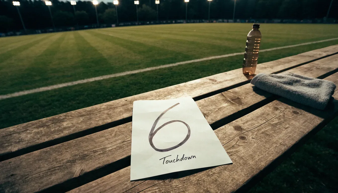 Eine Trinkflasche und ein Handtuch liegen auf einer Holzbank am leeren Spielfeldrand unter dem Licht der Flutlichter.