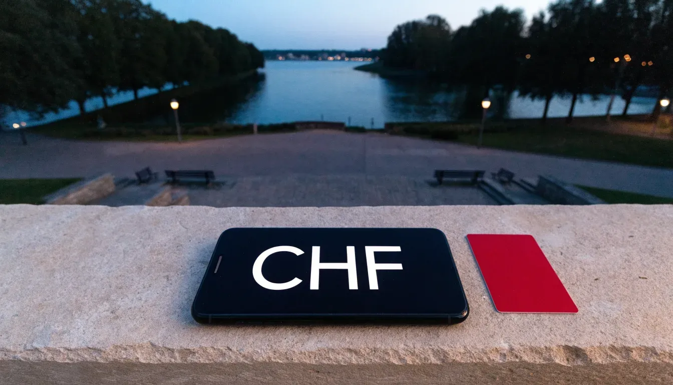 Eine Rheinpromenade mit hohen Bäumen am Abend, das Wasser spiegelt das Licht der ersten Laternen.