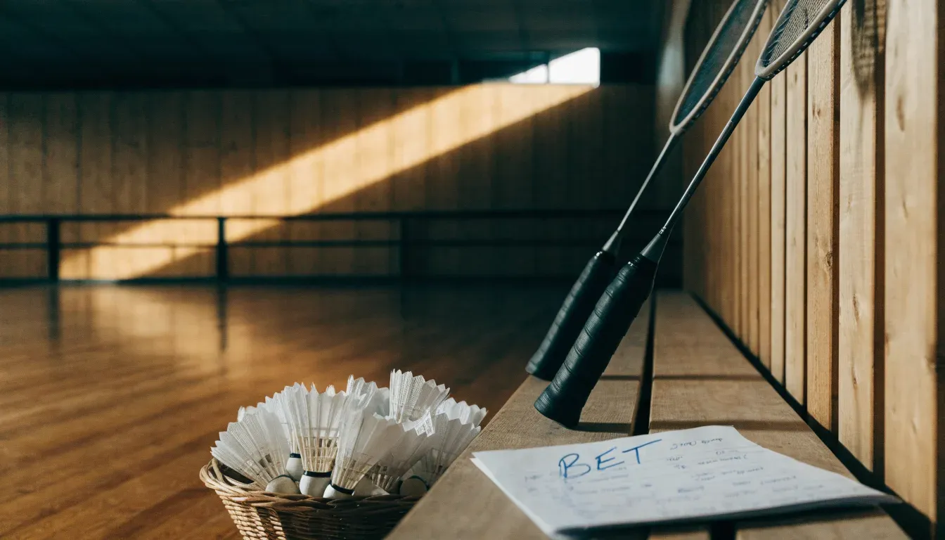 Zwei Badmintonschläger lehnen gekreuzt an einer Hallenwand aus Holz, daneben steht ein Korb mit Federbällen.