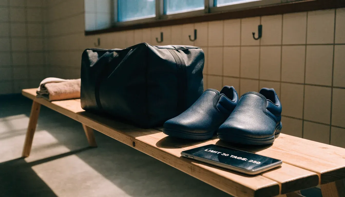 Ein Paar Hallenschuhe steht ordentlich neben einer Sporttasche auf einer Bank in einer leeren Garderobe, ein Fenster lässt Morgenlicht herein.
