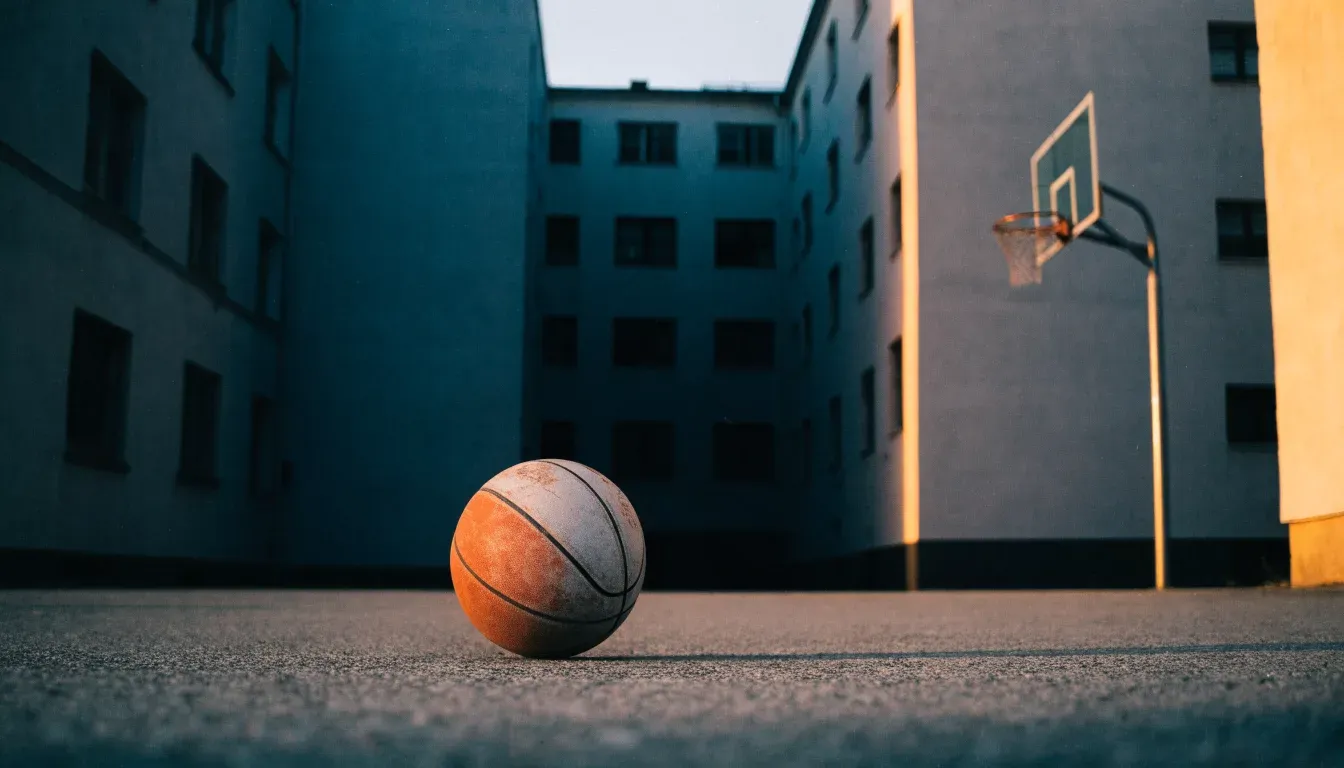 Ein Basketball liegt auf einem Asphaltplatz in einem Hinterhof zwischen Wohnblöcken, das Abendlicht färbt die Wände warm.