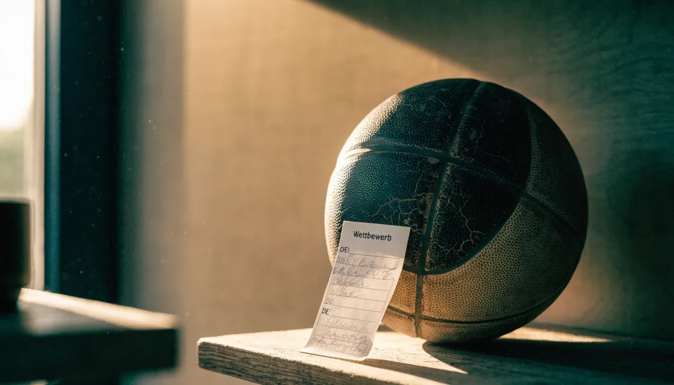 Ein abgenutzter Lederball liegt auf einem Holzregal in einem Vereinsraum, ein Sonnenstrahl macht den Staub sichtbar.