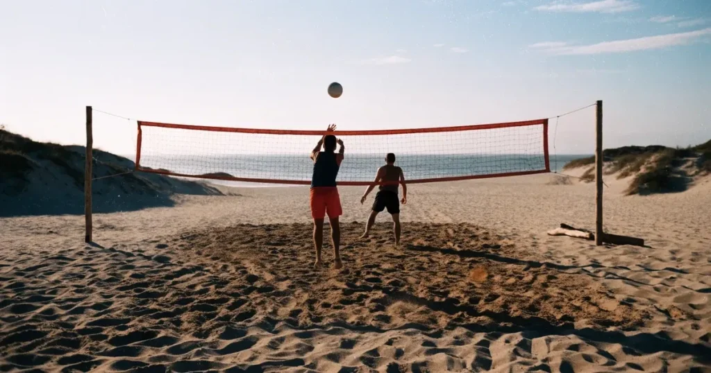 Ein Volleyball liegt auf feinem hellem Sand, ein gespanntes Netz verschwimmt dahinter, das Licht kommt von einem weiten Meer.