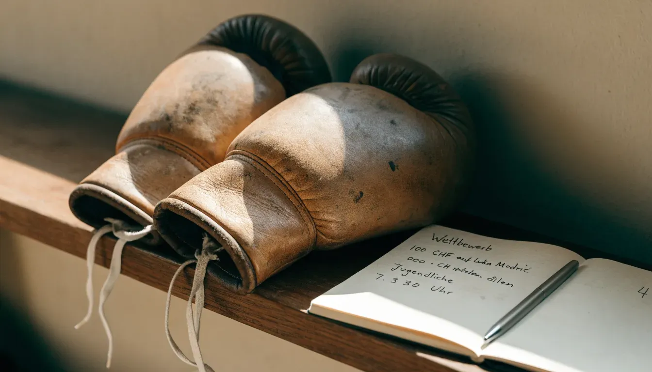 Ein Paar Boxhandschuhe aus Leder liegt auf einer Holzbank neben einem Notizbuch mit handgeschriebenen Zeilen, warmes Fensterlicht