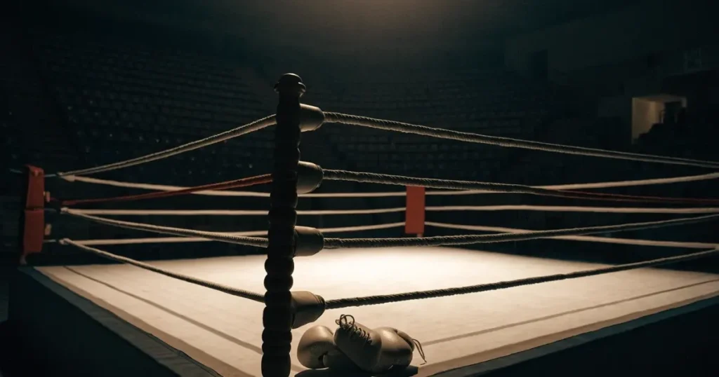 Ein leerer Boxring mit gespannten Seilen unter hellem Hallenlicht, dahinter ansteigende Zuschauerränge in einer grossen dunklen Halle