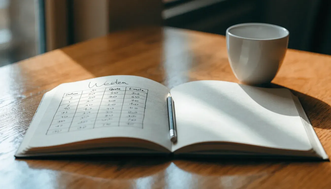 Ein aufgeschlagenes Notizbuch mit handgeschriebenen Spalten und ein Bleistift neben einer Tasse Kaffee auf einem Holztisch am Morgen