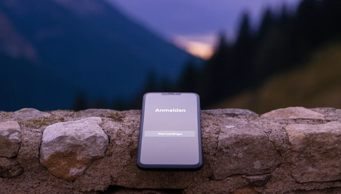Ein Smartphone mit dunklem Display liegt auf einer Steinmauer, dahinter ein Alpental im Abendlicht