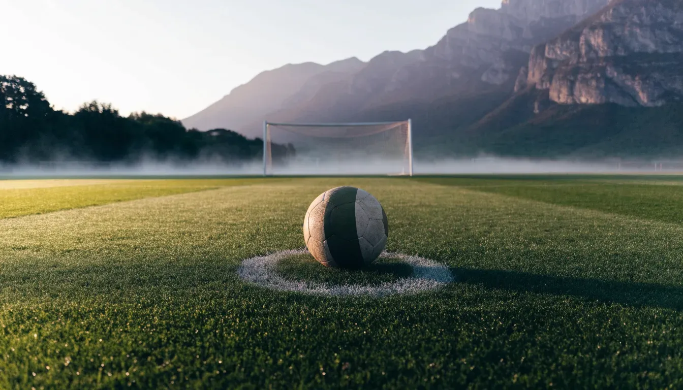 Ein einzelner Fussball auf dem Mittelpunkt eines leeren Rasens im Morgennebel, hinter dem Tor ragen Berge auf