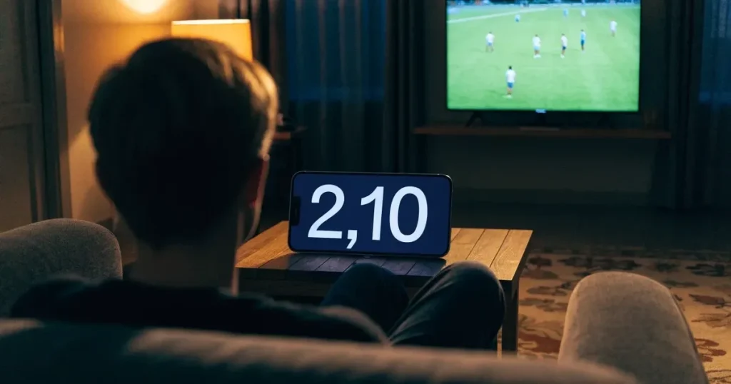 Ein Fussballstadion bei Flutlicht von einer Anhöhe aus gesehen, der Rasen leuchtet grün unter dunklem Abendhimmel