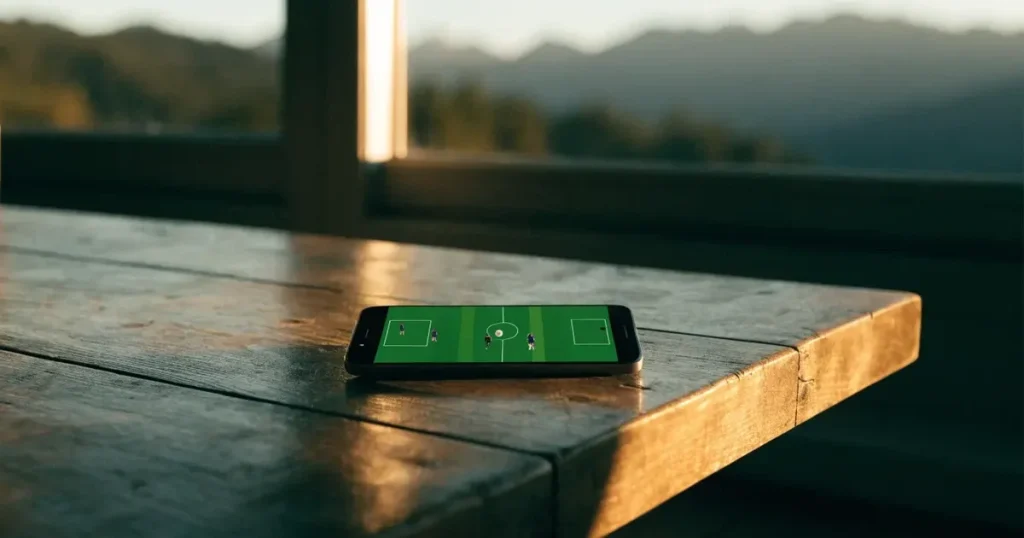Ein Fussball auf einem staubigen Rasenstück in der Abendsonne, im Hintergrund eine hohe Bergkette