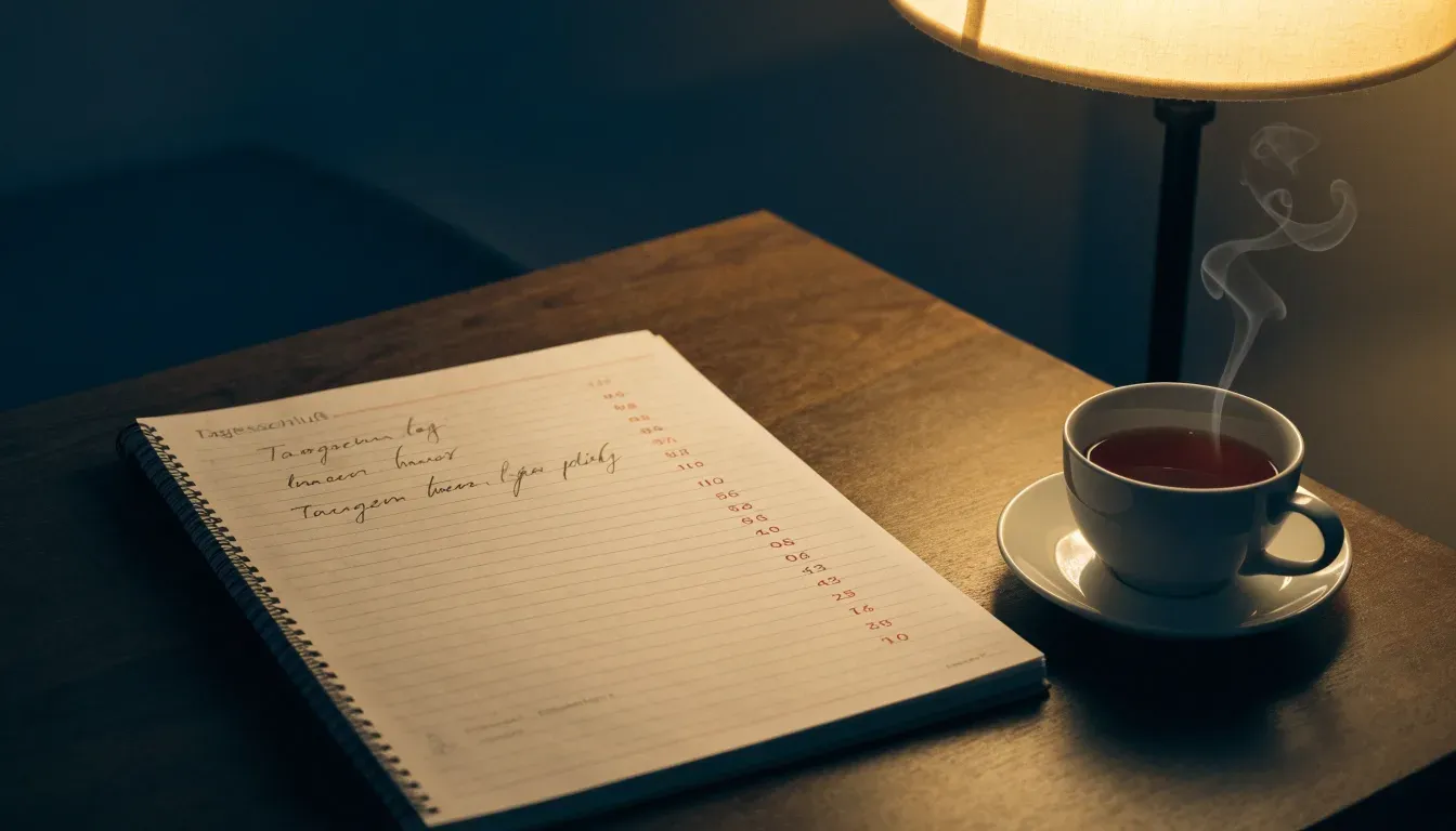 Ein Notizbuch mit handschriftlichen Einträgen und eine Tasse Tee stehen auf einem Tisch neben einer Stehlampe