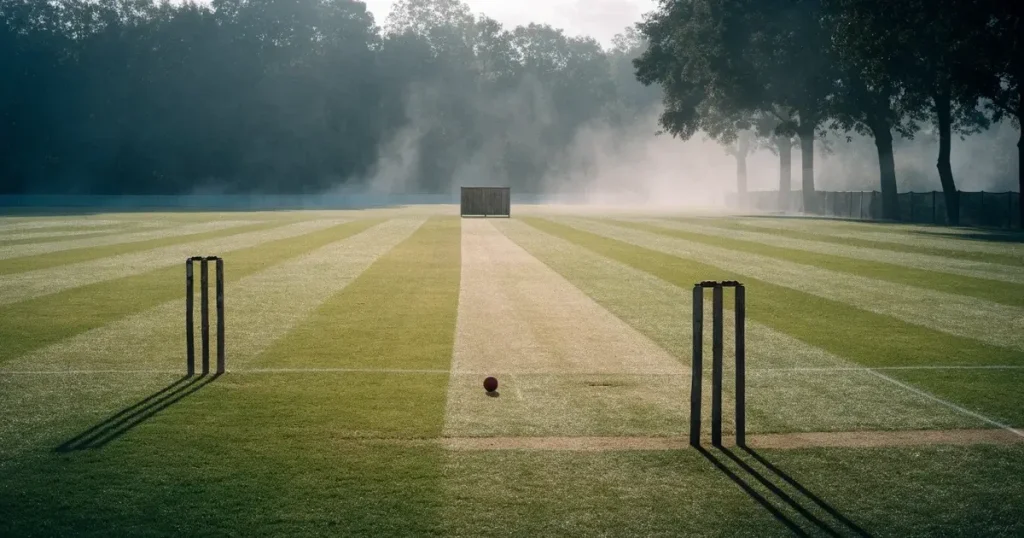 Ein ovales Cricketfeld mit gemähtem Rasen und hellem Mittelstreifen am frühen Morgen, Nebel zwischen den Bäumen am Rand