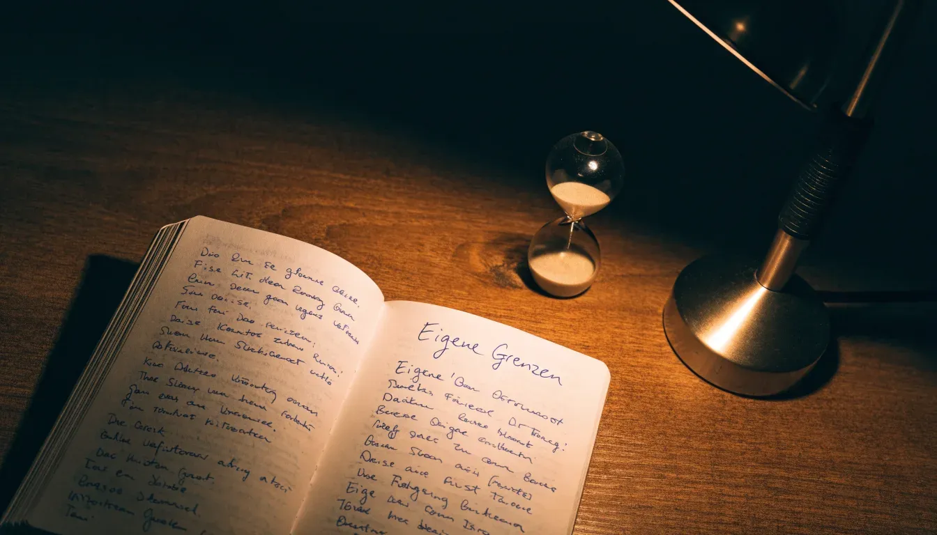 Eine Sanduhr steht auf einem Schreibtisch neben einem Notizbuch mit handschriftlichen Einträgen im Licht einer Lampe