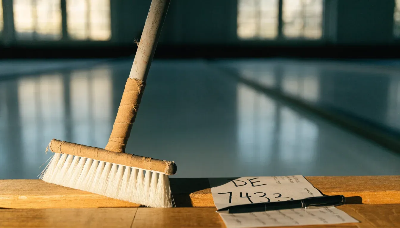 Zwei Curlingbesen lehnen an einer Bande am Rand einer leeren Eisfläche, kaltes Licht fällt durch hohe Fenster