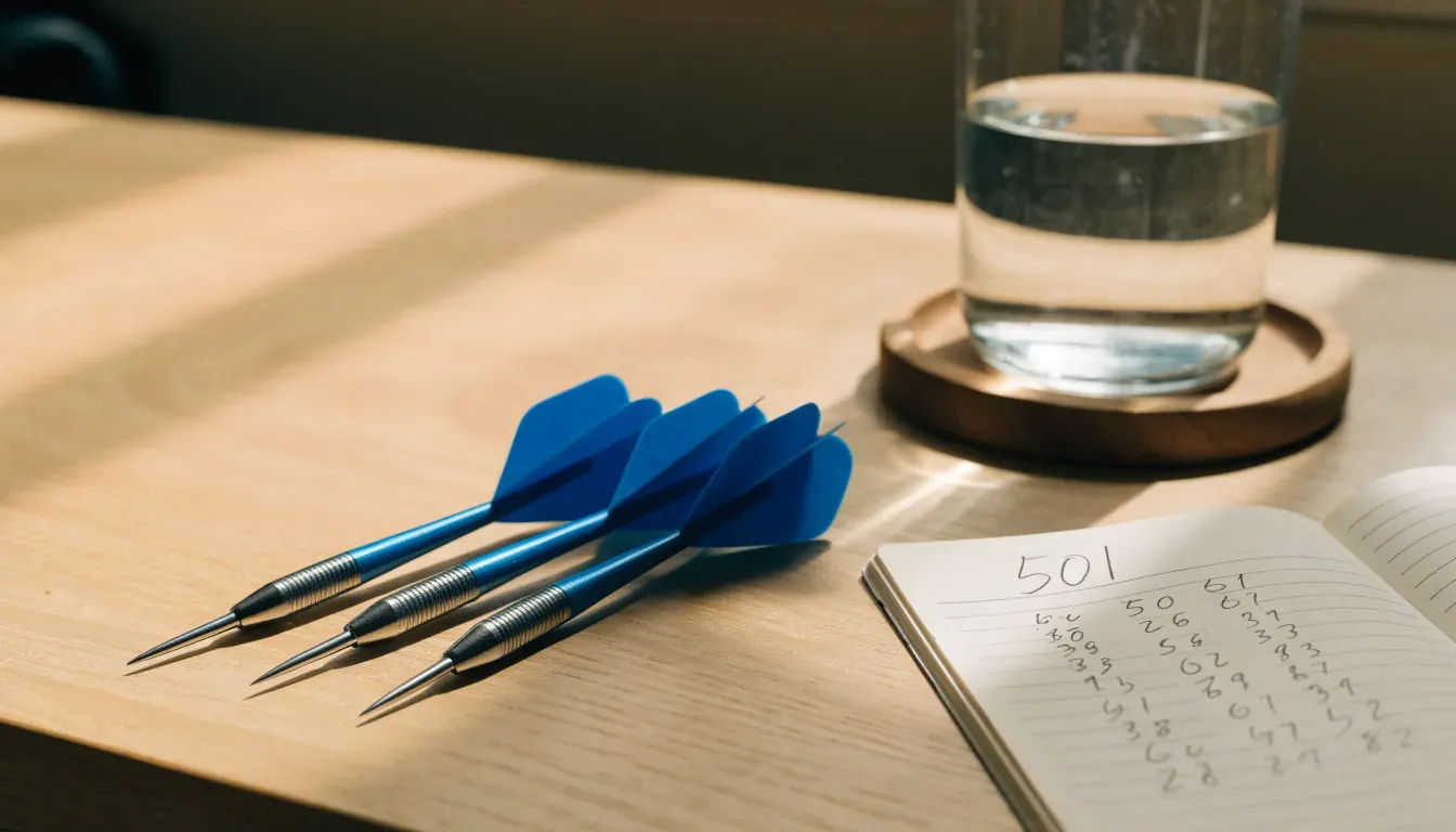 Drei Dartpfeile liegen auf einer Holzfläche neben einem Notizblock mit handschriftlichen Zahlen und einem Glas Wasser