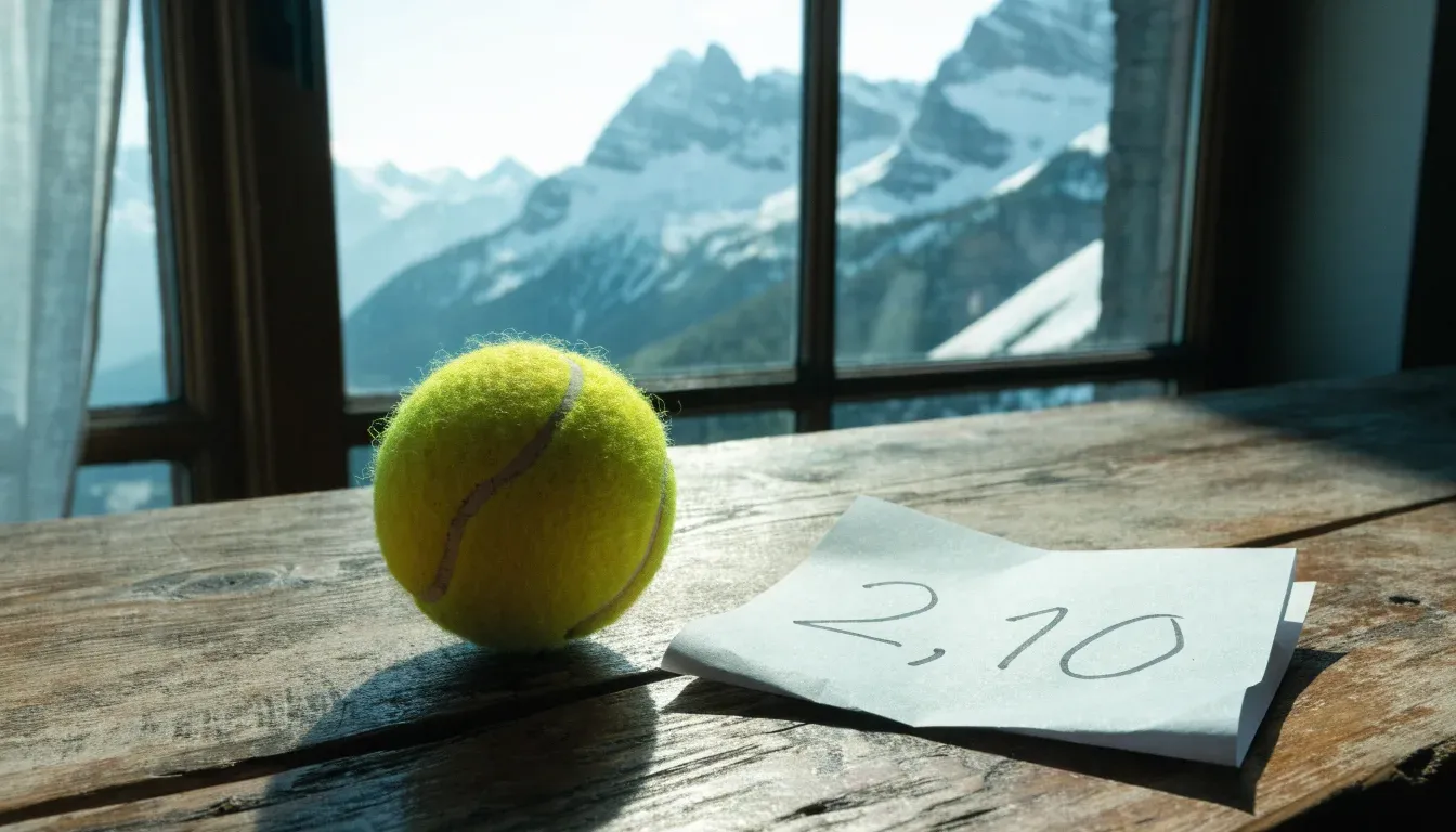 Ein einzelner gelber Tennisball liegt auf einem Holztisch vor einem Fenster mit Alpenblick