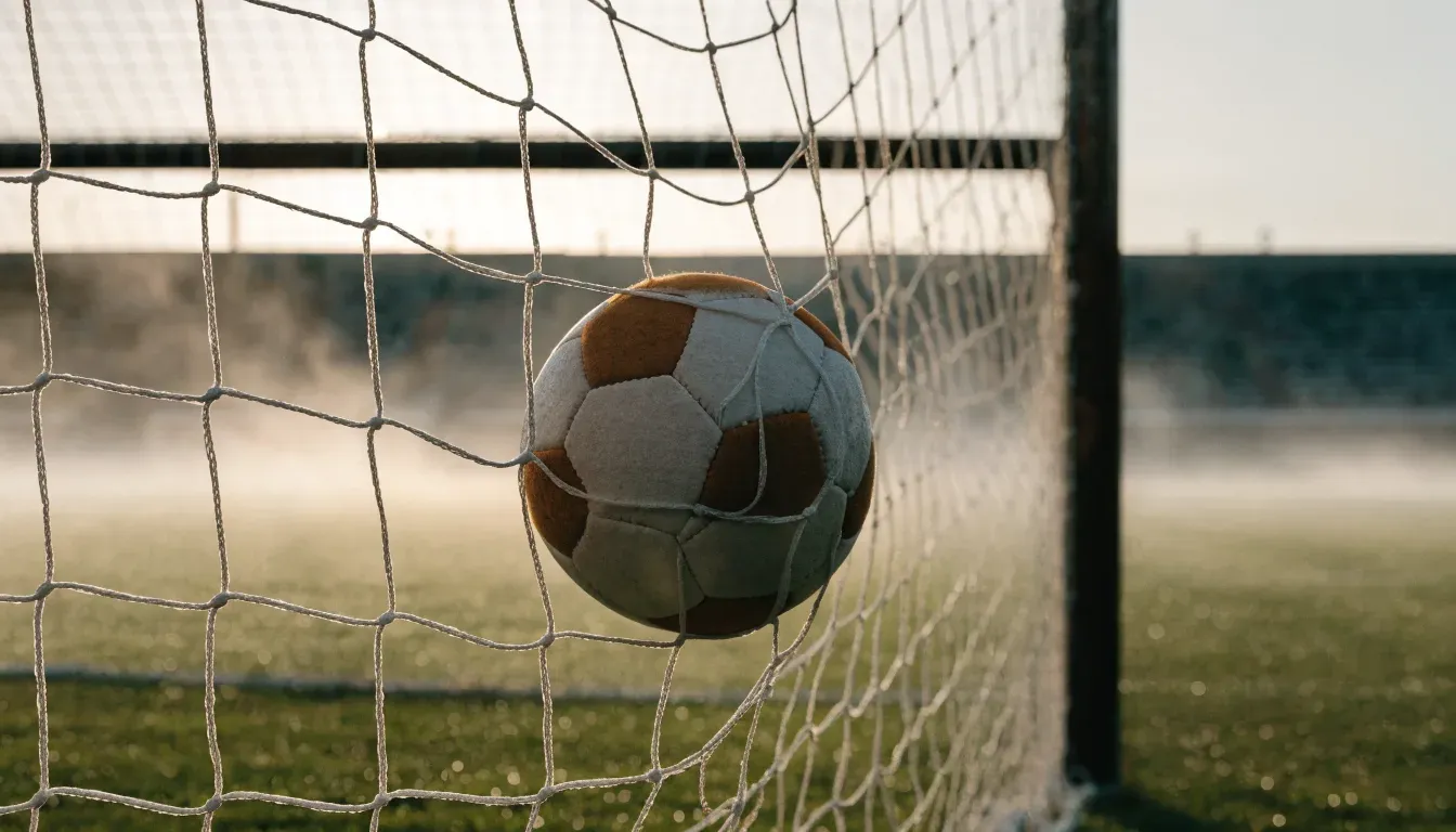 Ein Fussball liegt im Netz hinter einem Tor, weicher Morgennebel hängt über dem Rasen