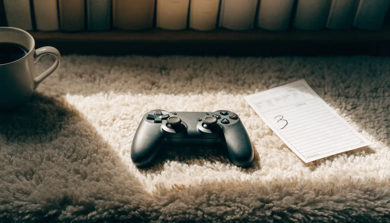 Ein Spielcontroller liegt auf einem Teppich neben einer Tasse, im Hintergrund ein Regal mit Büchern