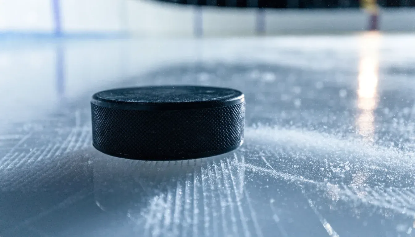 Ein Eishockeypuck liegt auf einer Eisfläche mit Kratzspuren, Nahaufnahme mit kühlen Reflexen