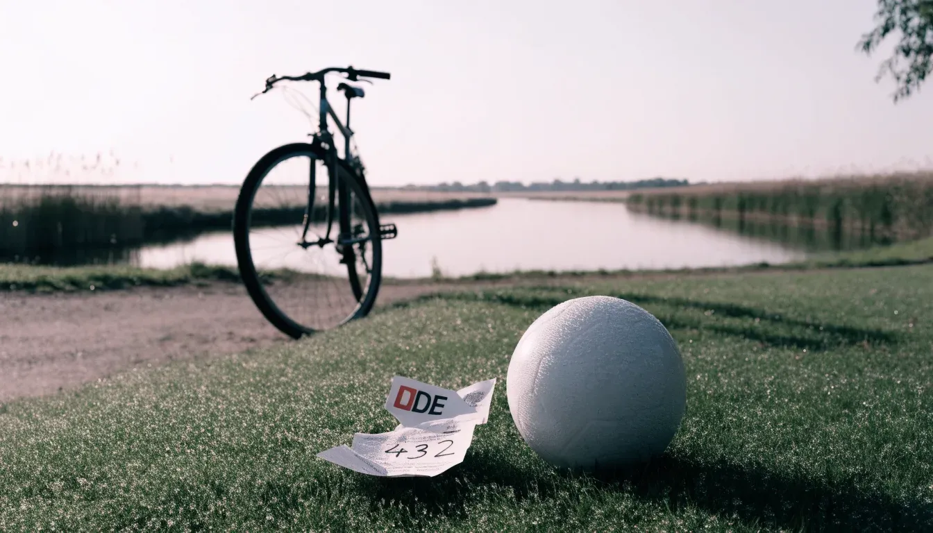 Ein Fussball liegt auf einer Wiese neben einem Fahrrad, im Hintergrund ein Kanal im Morgenlicht