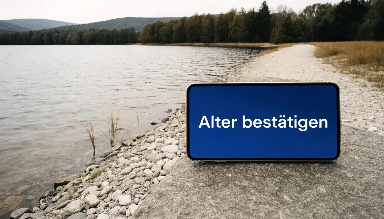 Ein schmaler Wanderweg führt am Seeufer entlang, auf einem Stein liegt ein Smartphone mit dunklem Display