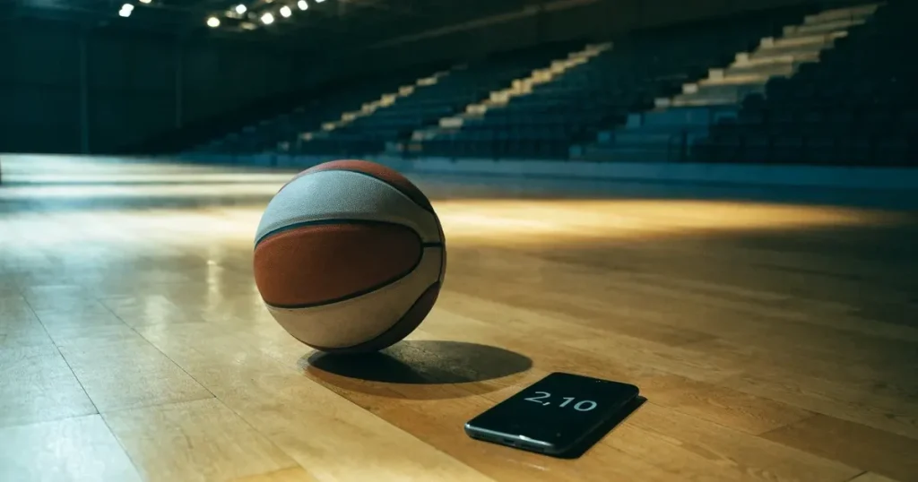 Ein Basketball liegt auf dem hellen Parkett einer leeren Halle, im Hintergrund steigen die Tribünenreihen im Halbdunkel an.