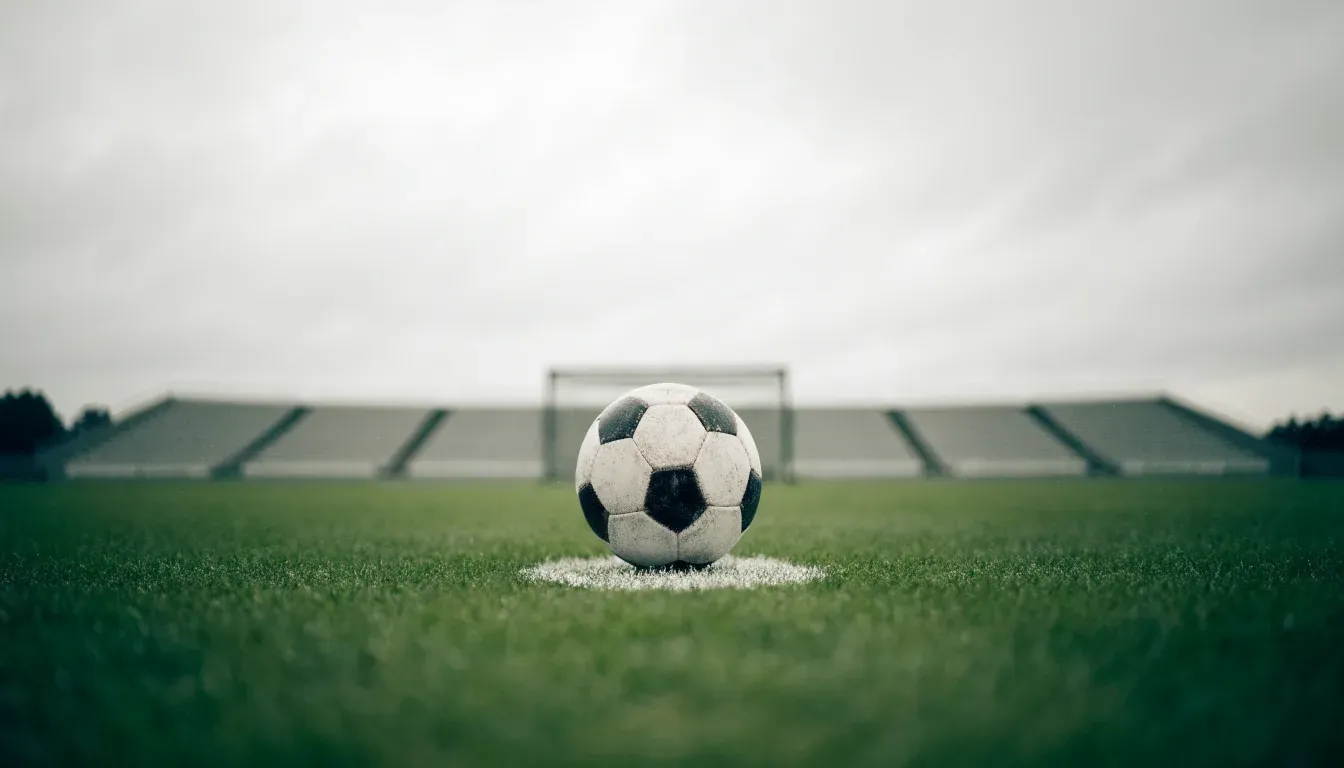 Ein Fussball liegt auf dem Anstosspunkt eines nassen Rasens, dahinter eine leere Tribüne unter grauem Himmel.