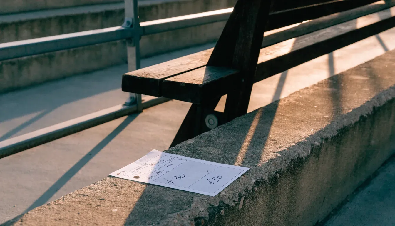 Ein alter Holzsitz auf einer leeren Stehplatztribüne, darunter verwitterte Betonstufen in der Nachmittagssonne.