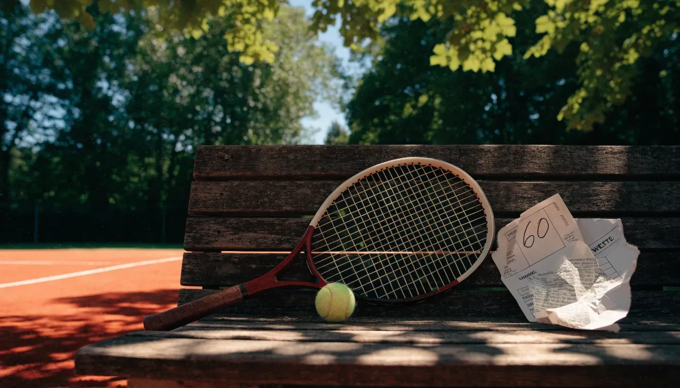 Ein Tennisball und ein Schläger ruhen auf einer Holzbank am Spielfeldrand, im Hintergrund hohe Bäume im Sommerlicht.