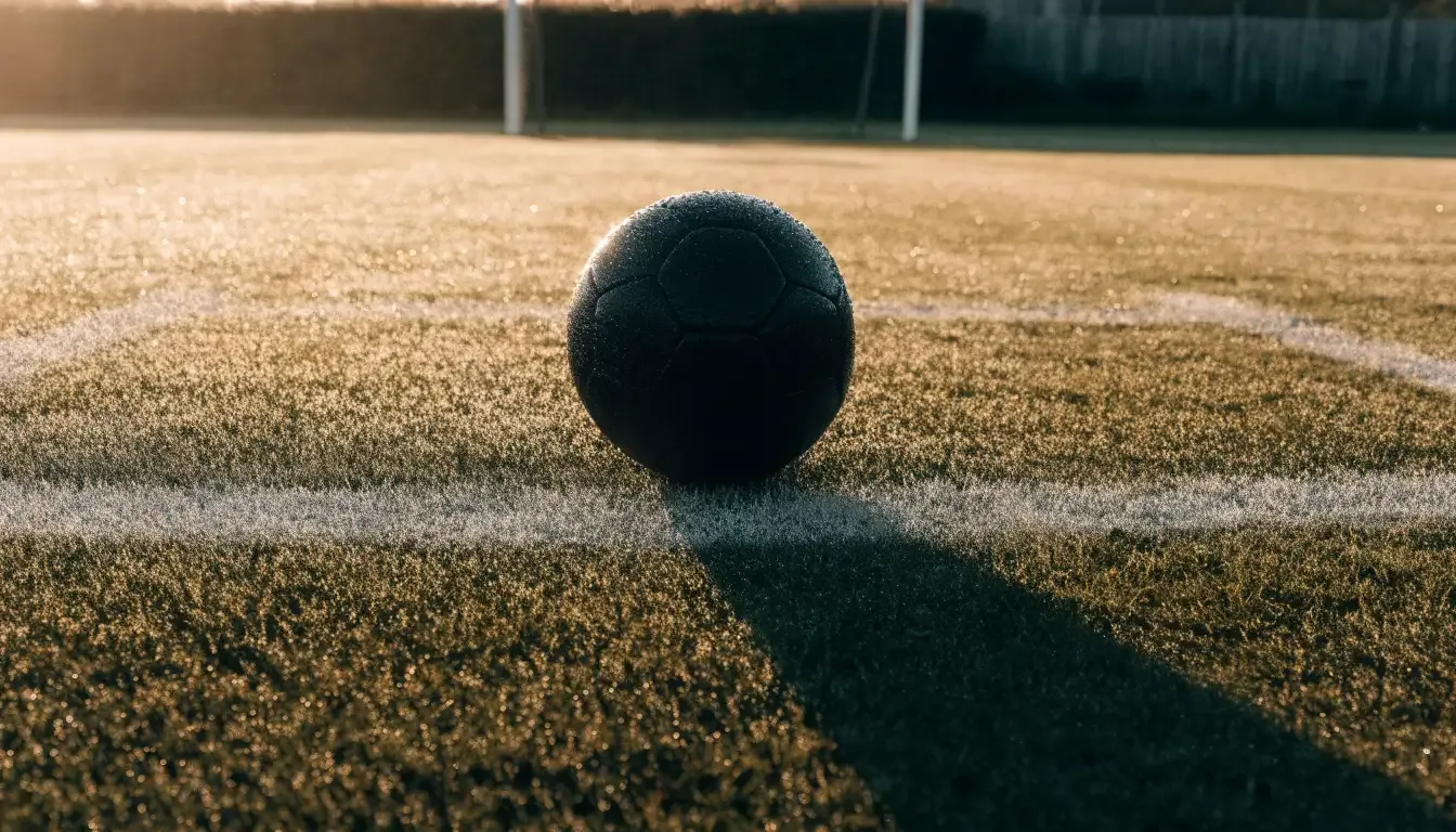 Ein Fussball liegt im Tau auf der Mittellinie eines Dorfplatzes bei Sonnenaufgang, der Rasen glitzert.