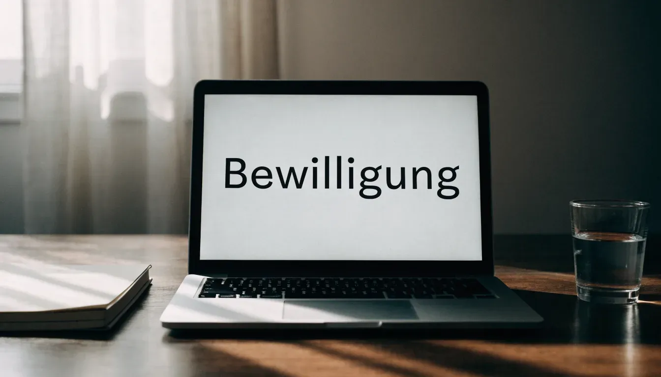 Eine Messingwaage steht auf einem dunklen Holzregal in einem ruhigen Raum, Staub tanzt im Licht.