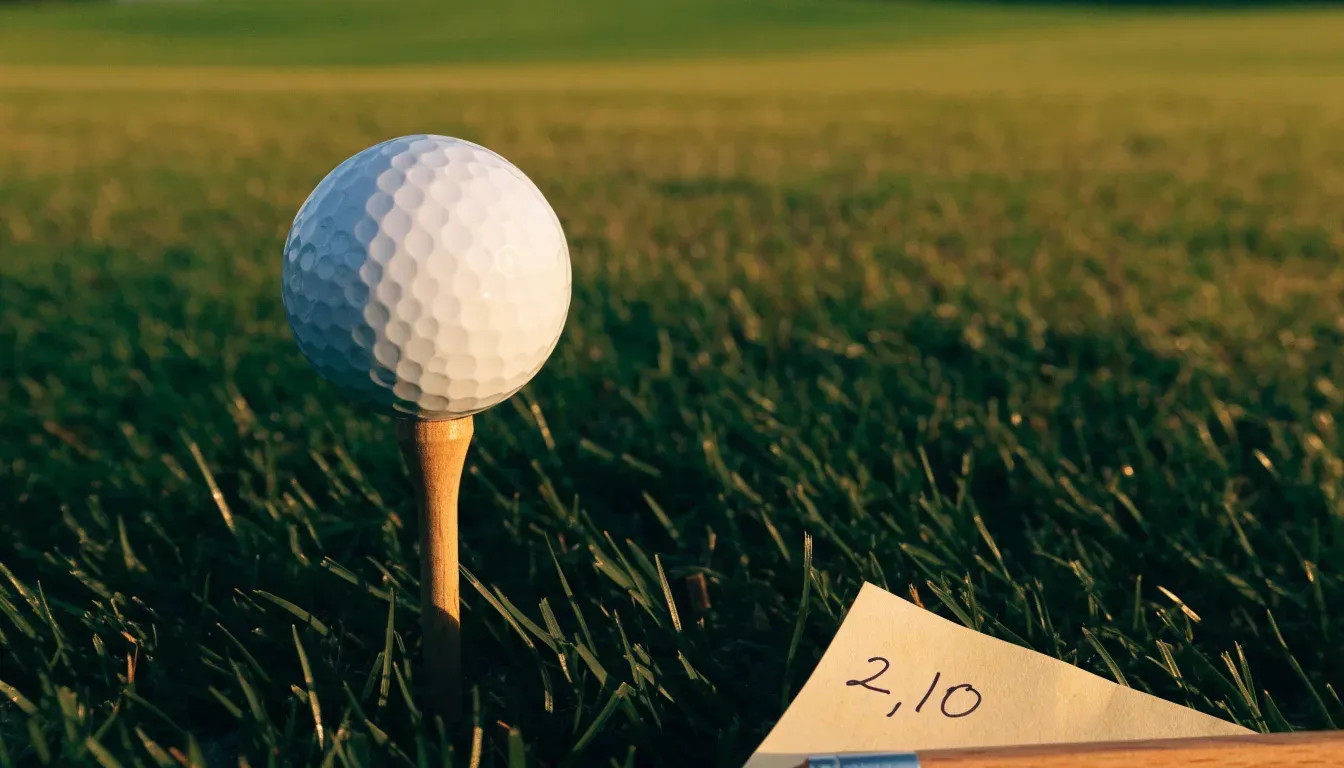 Ein Golfball liegt auf einem Holztee im Gras, scharf im Vordergrund, dahinter verschwimmt eine weite Wiese.