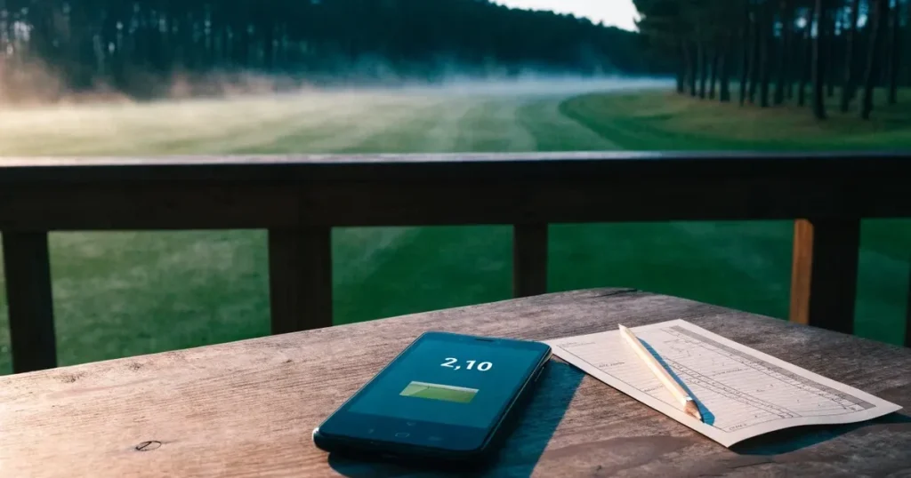 Ein weites Fairway zieht sich im Dunst des frühen Morgens zwischen Föhren hin, Tau liegt auf dem kurzen Gras.