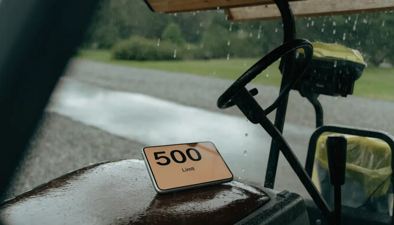 Ein leerer Golfwagen steht unter einem Vordach, Regen tropft vom Dachrand auf einen Kiesweg.