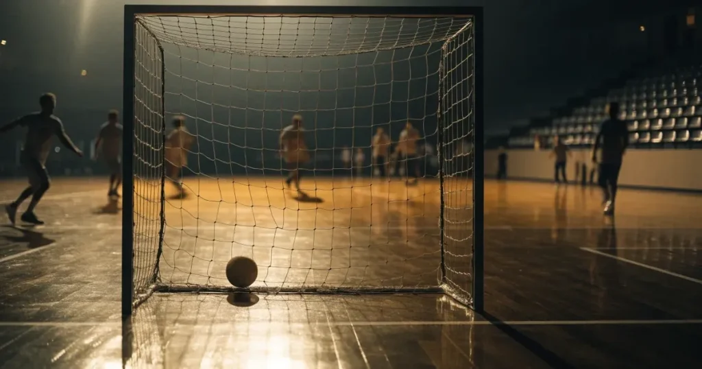 Ein Tor mit dicht gespanntem Netz steht in einer grossen Halle, davor liegt ein Handball auf der Torraumlinie.