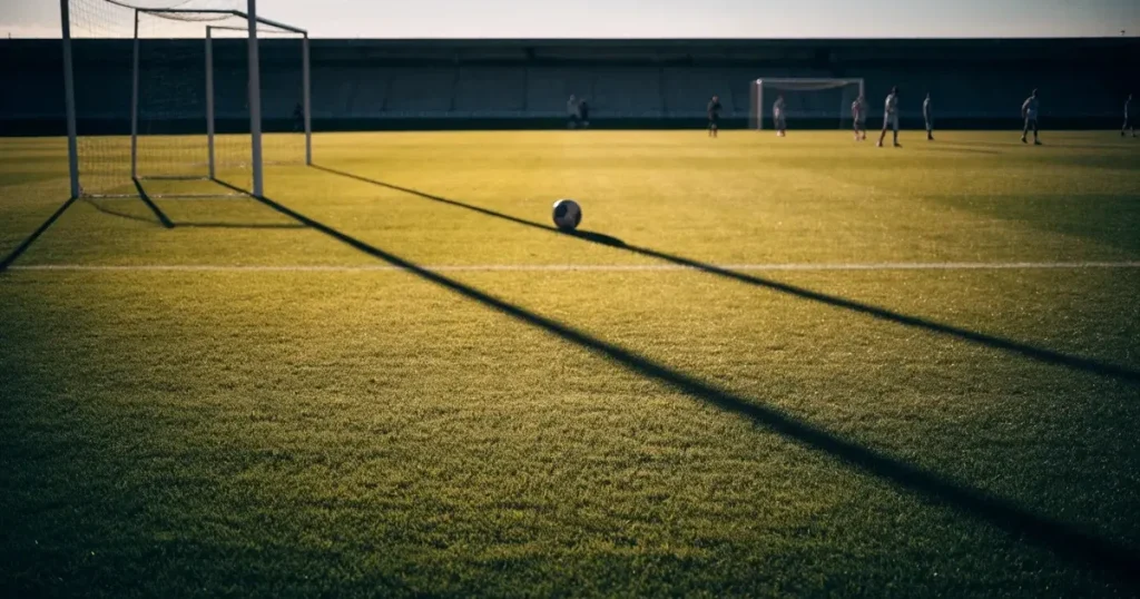 Ein Fussballplatz im Abendlicht mit langen Schatten der Torpfosten, die Rasenfläche leuchtet gelblich.