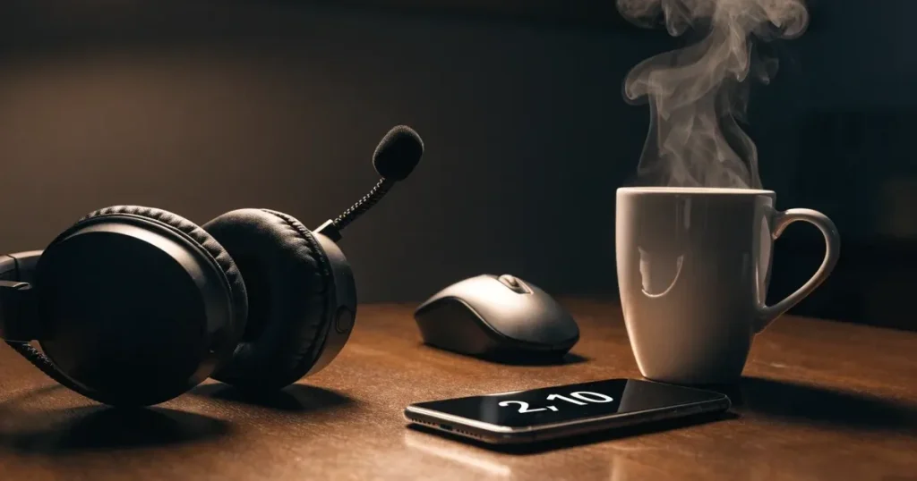 Ein Headset und eine Computermaus liegen auf einem dunklen Schreibtisch, daneben ein Becher mit dampfendem Tee.