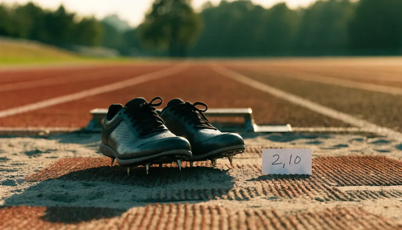 Ein Paar Laufschuhe mit Spikes liegt auf einer Tartanbahn neben einem Startblock, die Linien verlaufen in die Ferne.