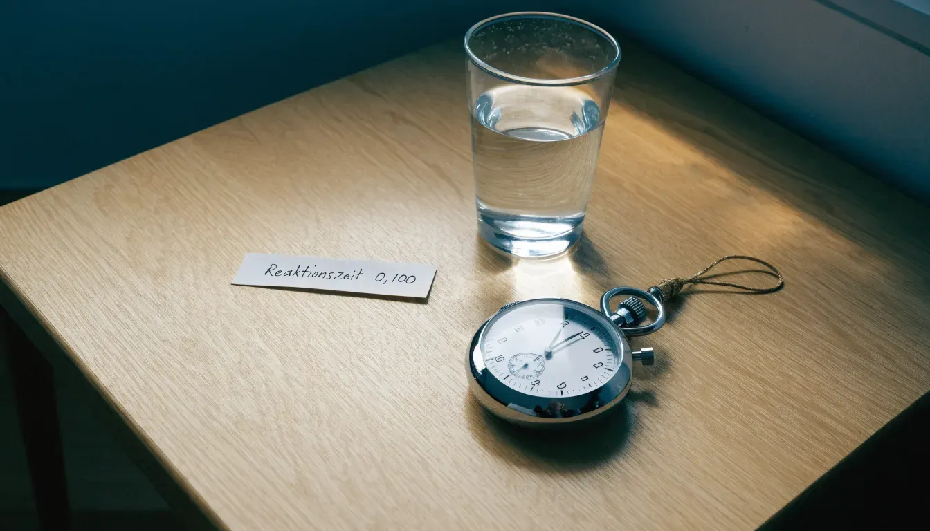 Eine Stoppuhr an einer Schnur liegt auf einem Holztisch neben einem Wasserglas, das Licht ist ruhig.