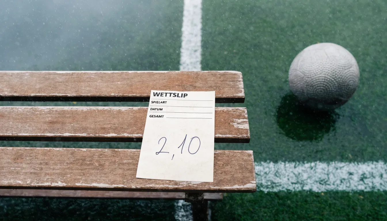Ein Fussball liegt auf nassem Kunstrasen neben einer weissen Linie, Pfützen spiegeln den Himmel.