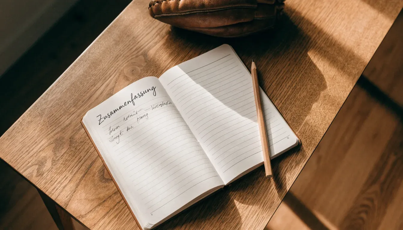 Ein aufgeschlagenes Notizbuch mit handgeschriebenen Notizen und ein Bleistift liegen auf einem Holztisch neben einem abgegriffenen Baseballhandschuh.