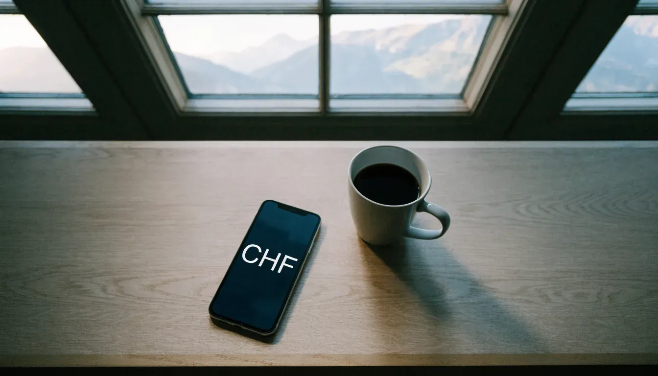 Ein Smartphone mit dunklem Bildschirm liegt auf einem hellen Schreibtisch neben einer Tasse, durch das Fenster dahinter sieht man eine Bergkette.
